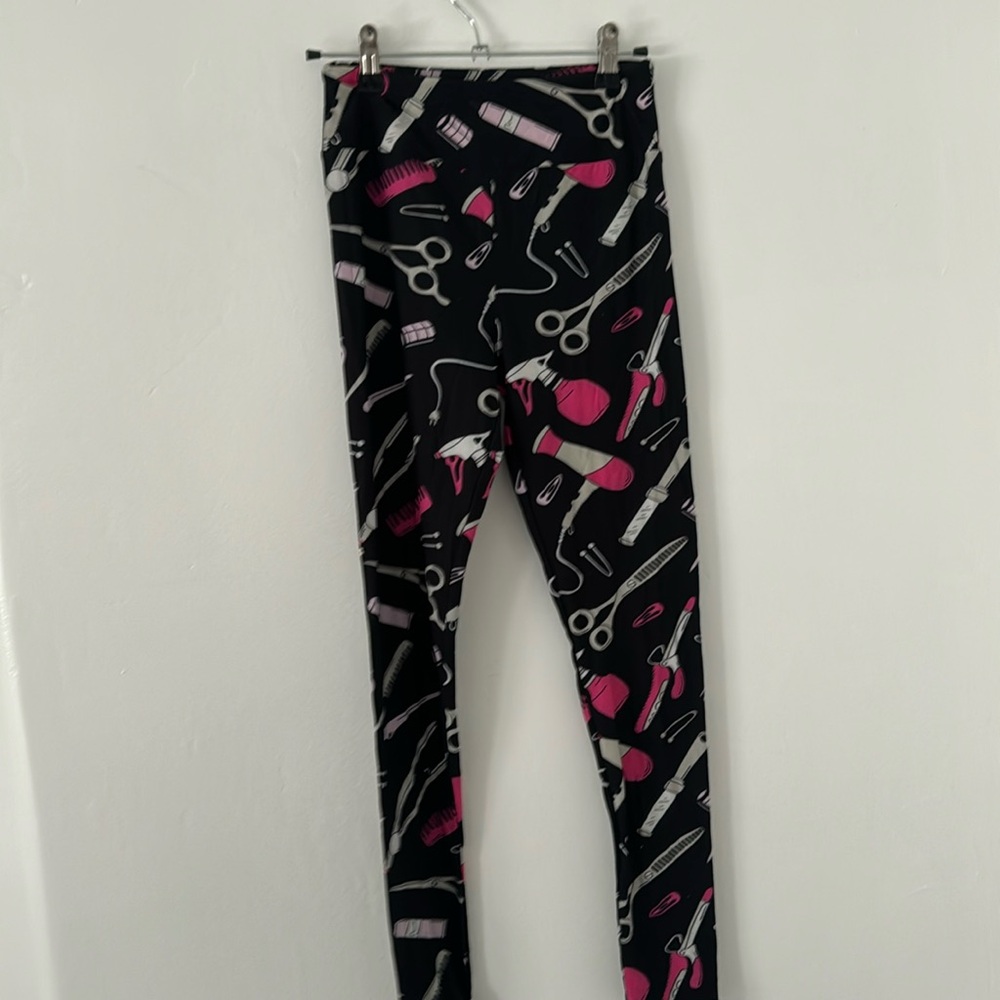 Lula Roe Hair Dresser leggings with scissors, combs flat irons print